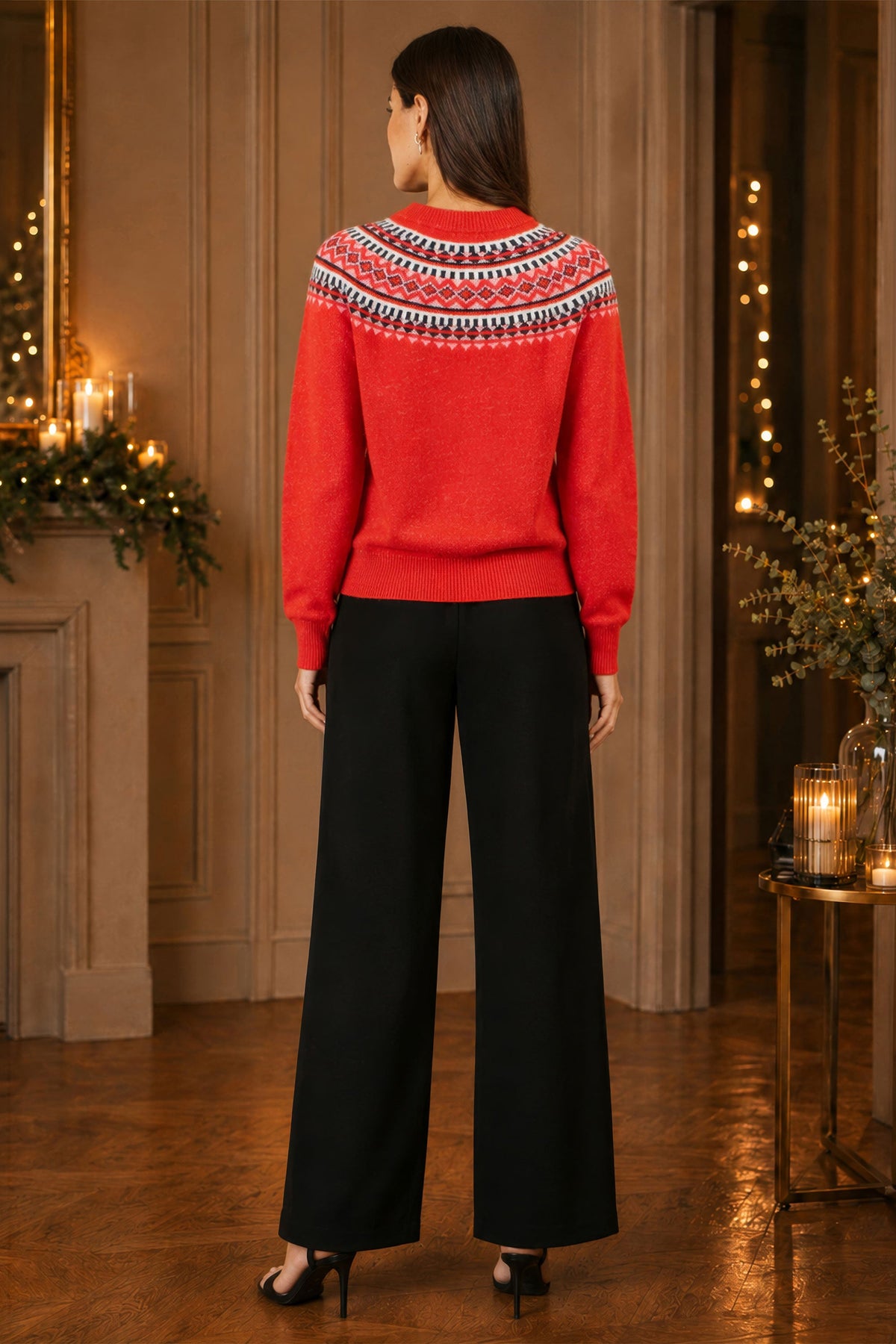 Yumi Women's Red Fairisle-Inspired Relaxed Fit Jumper with Ribbed Trims