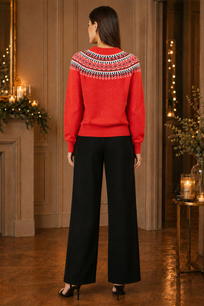 Yumi Women's Red Fairisle-Inspired Relaxed Fit Jumper with Ribbed Trims