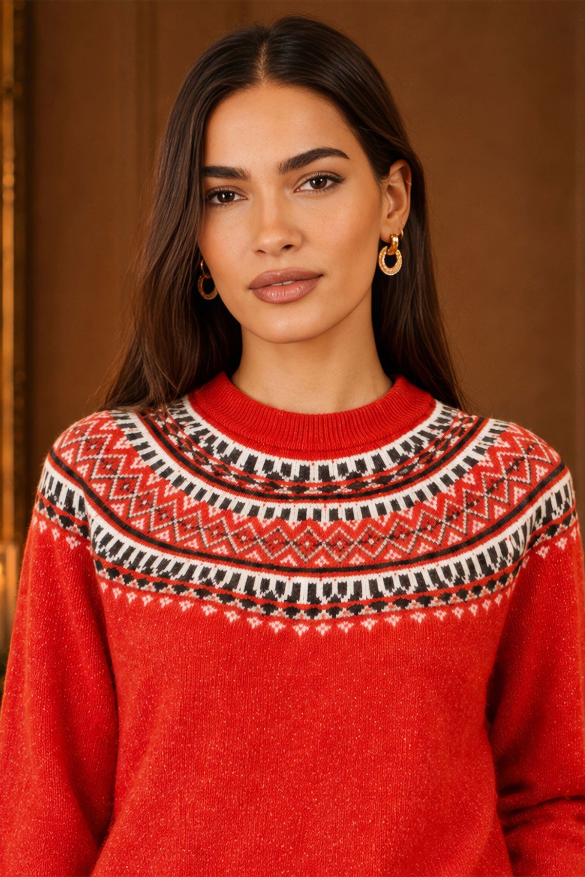 Yumi Women's Red Fairisle-Inspired Relaxed Fit Jumper with Ribbed Trims