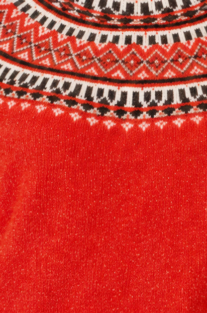 Yumi Women's Red Fairisle-Inspired Relaxed Fit Jumper with Ribbed Trims