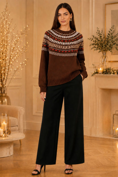 Yumi Women’s Brown Fair Isle-Inspired Relaxed Fit Knit Jumper with Ribbing