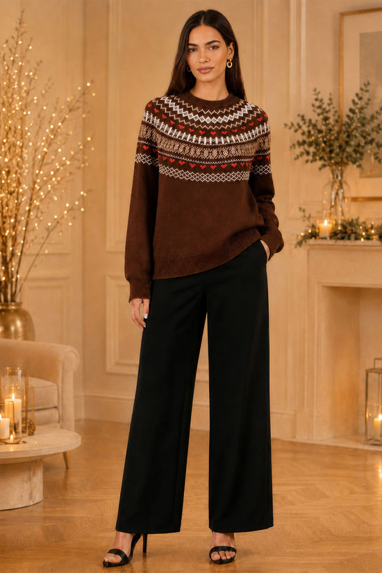 Yumi Women’s Brown Fair Isle-Inspired Relaxed Fit Knit Jumper with Ribbing