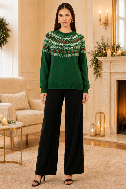 Yumi Women's Green Fairisle-Inspired Relaxed Fit Jumper with Ribbed Trims