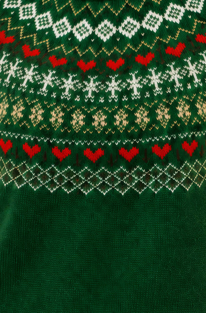 Yumi Women's Green Fairisle-Inspired Relaxed Fit Jumper with Ribbed Trims
