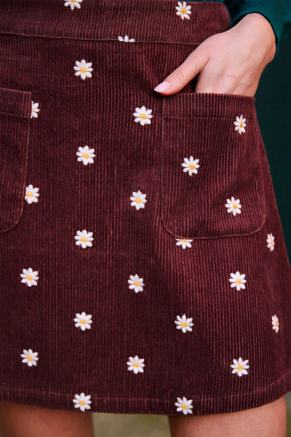 Yumi Women’s Brown Daisy Embroidered Corduroy Mini Skirt with Patch Pockets