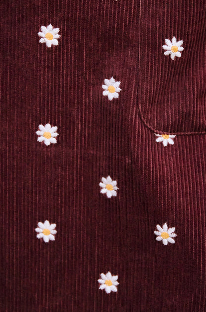 Yumi Women’s Brown Daisy Embroidered Corduroy Mini Skirt with Patch Pockets