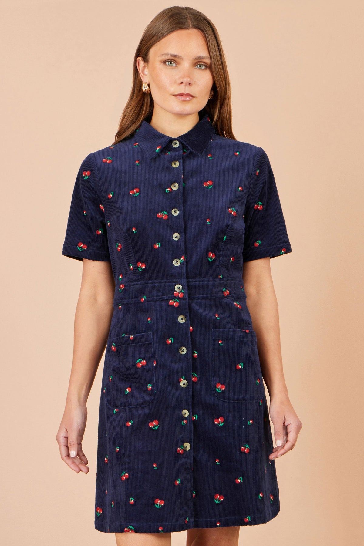 Yumi Women's Navy Embroidered Cherry Cord Shirt Dress with Front Pockets