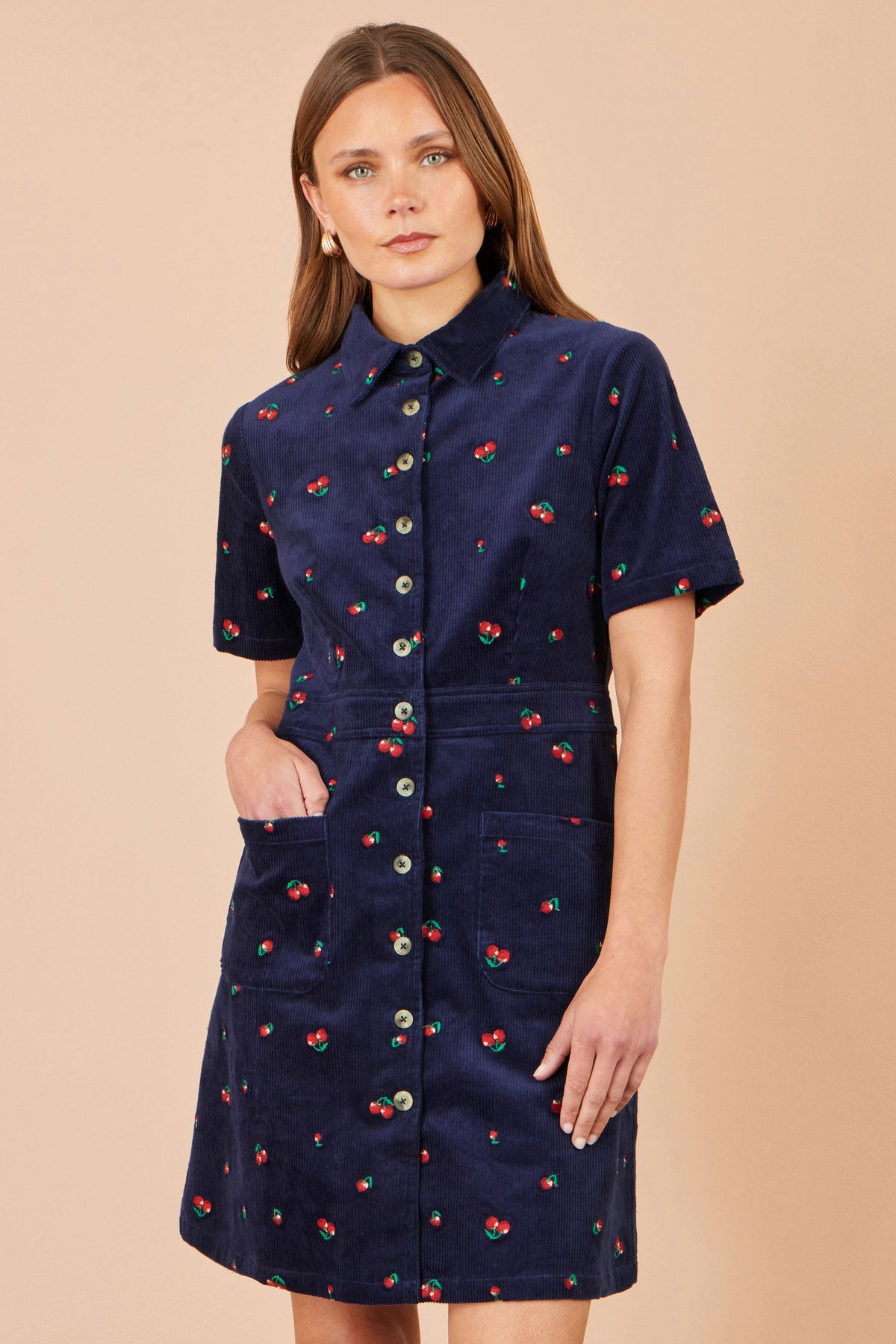 Yumi Women's Navy Embroidered Cherry Cord Shirt Dress with Front Pockets