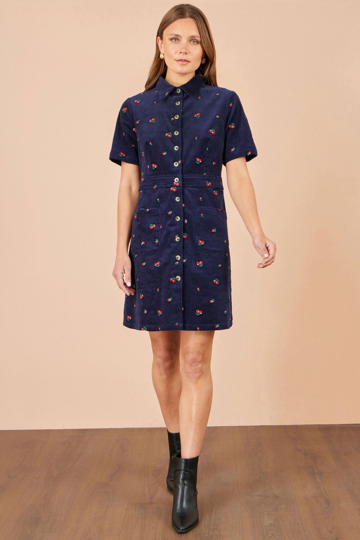 Yumi Women's Navy Embroidered Cherry Cord Shirt Dress with Front Pockets
