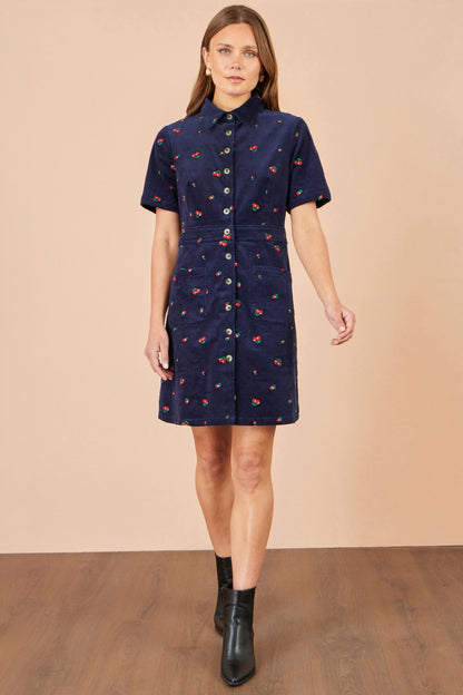 Yumi Women's Navy Embroidered Cherry Cord Shirt Dress with Front Pockets