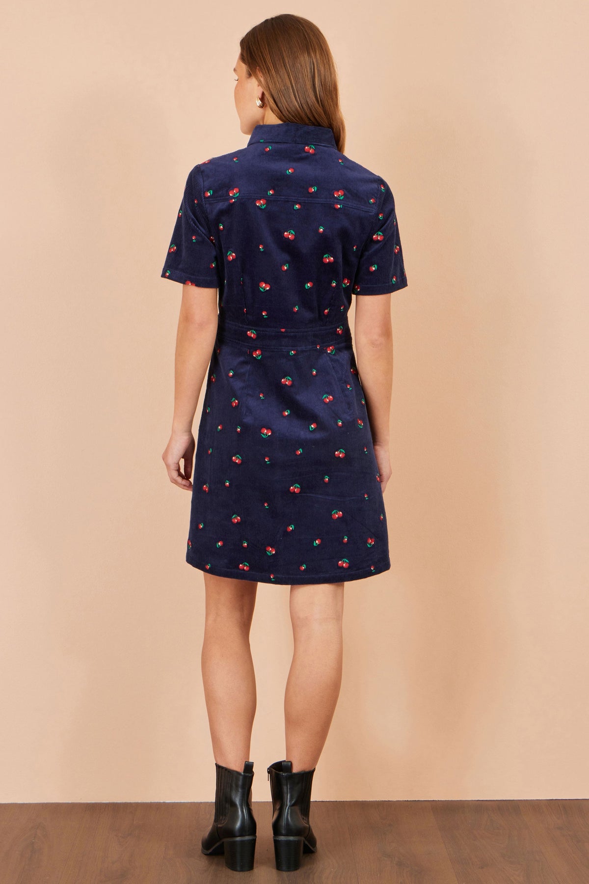 Yumi Women's Navy Embroidered Cherry Cord Shirt Dress with Front Pockets