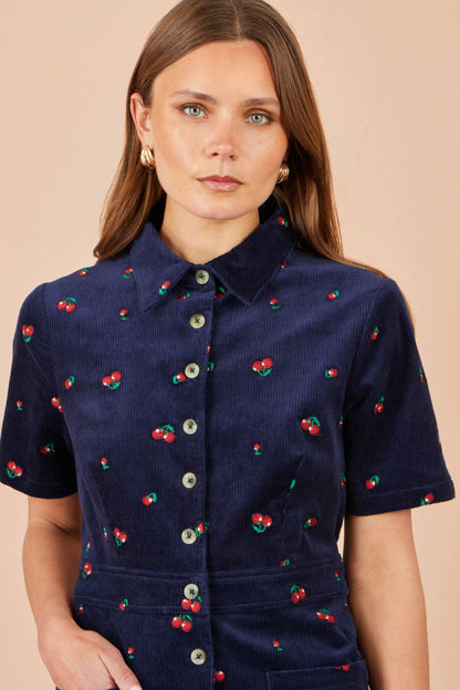 Yumi Women's Navy Embroidered Cherry Cord Shirt Dress with Front Pockets