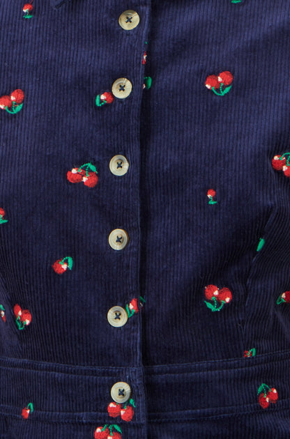 Yumi Women's Navy Embroidered Cherry Cord Shirt Dress with Front Pockets
