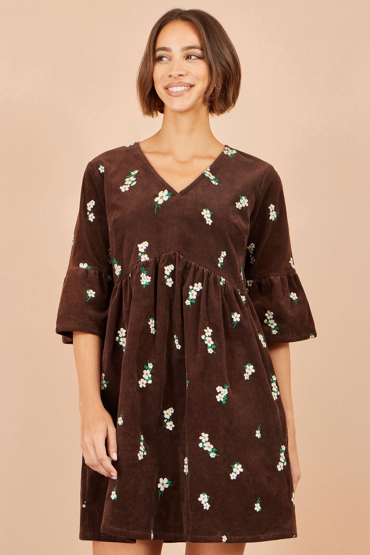 Yumi Women’s Brown Cotton Floral Cord Smock Dress with Pockets