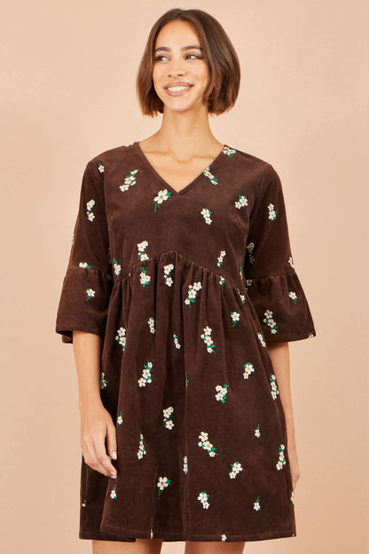 Yumi Women’s Brown Cotton Floral Cord Smock Dress with Pockets