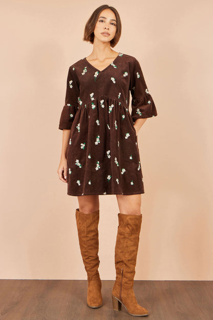 Yumi Women’s Brown Cotton Floral Cord Smock Dress with Pockets