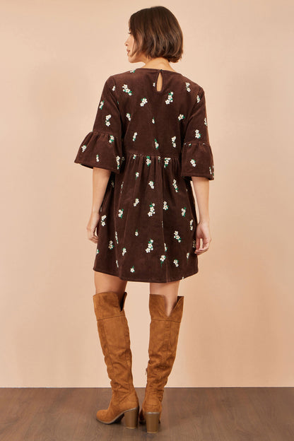 Yumi Women’s Brown Cotton Floral Cord Smock Dress with Pockets