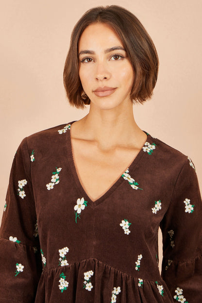 Yumi Women’s Brown Cotton Floral Cord Smock Dress with Pockets