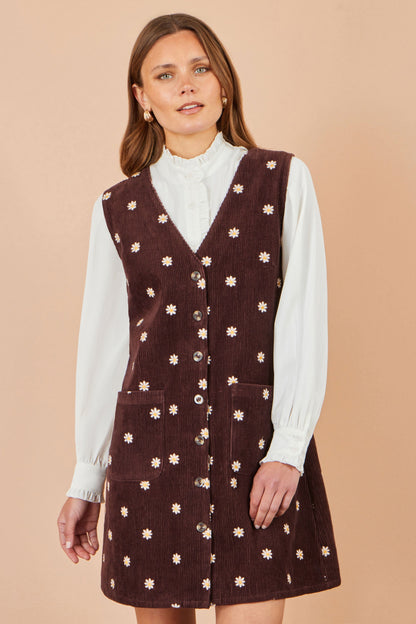 Yumi Women’s Brown Daisy Cotton Blend Cord Pinafore Dress