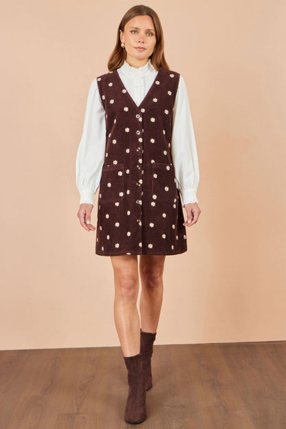 Yumi Women’s Brown Daisy Cotton Blend Cord Pinafore Dress