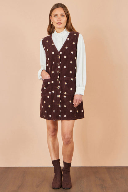 Yumi Women’s Brown Daisy Cotton Blend Cord Pinafore Dress