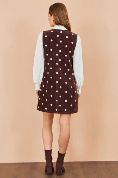 Yumi Women’s Brown Daisy Cotton Blend Cord Pinafore Dress