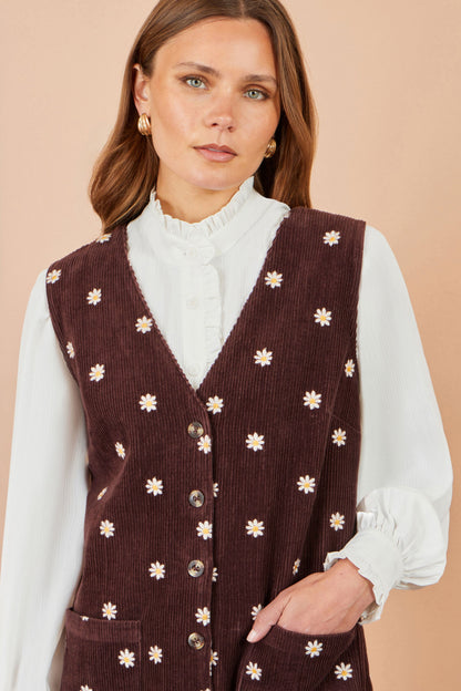Yumi Women’s Brown Daisy Cotton Blend Cord Pinafore Dress