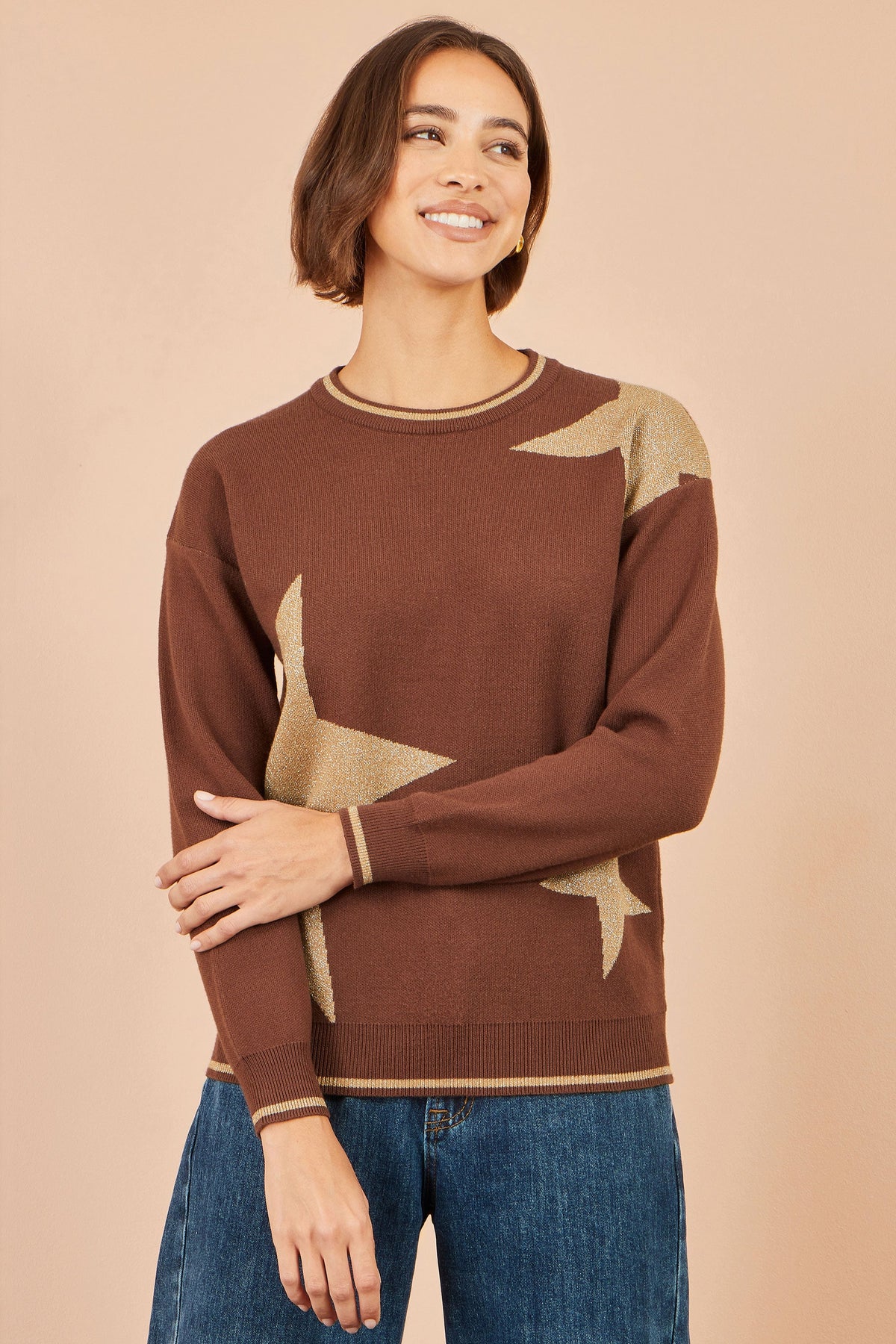 Yumi Women’s Brown Metallic Star Viscose Blend Jumper