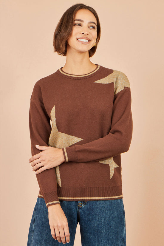 Yumi Women’s Brown Metallic Star Viscose Blend Jumper