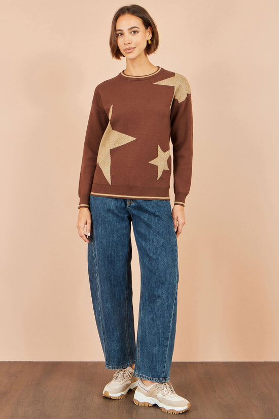 Yumi Women’s Brown Metallic Star Viscose Blend Jumper