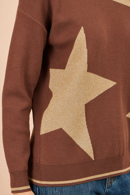 Yumi Women’s Brown Metallic Star Viscose Blend Jumper