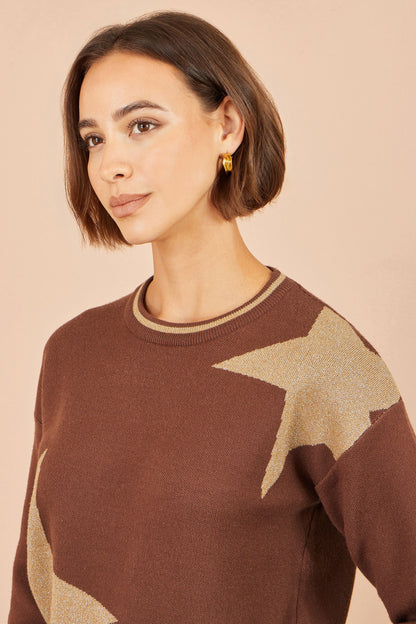 Yumi Women’s Brown Metallic Star Viscose Blend Jumper