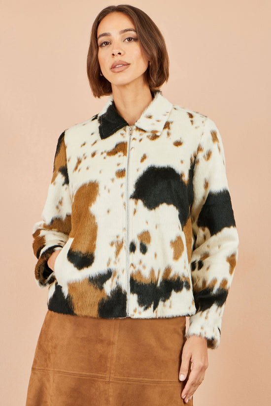 Yumi Women's Brown Cow Print Faux Fur Zip-Up Jacket with Classic Collar