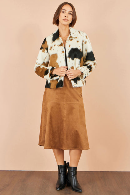 Yumi Women's Brown Cow Print Faux Fur Zip-Up Jacket with Classic Collar