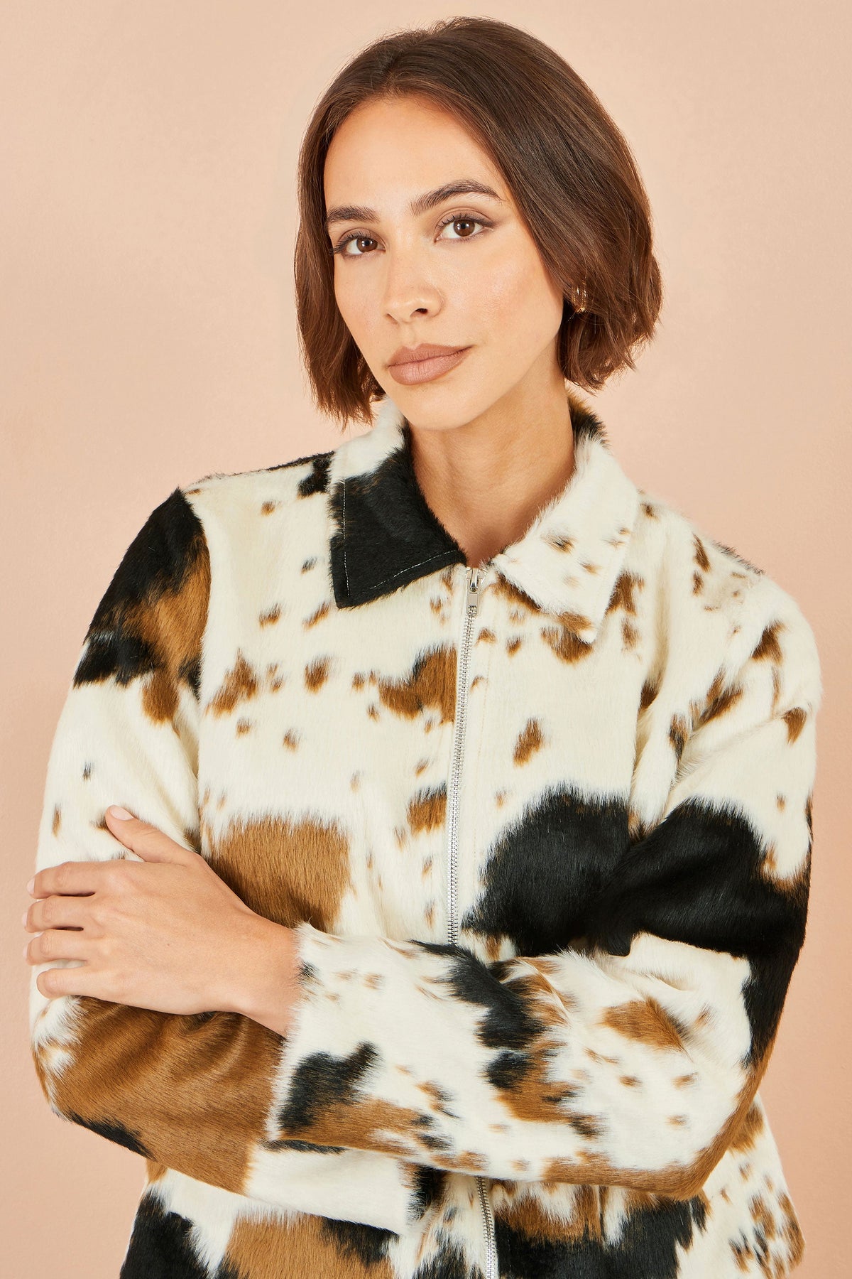 Yumi Women's Brown Cow Print Faux Fur Zip-Up Jacket with Classic Collar