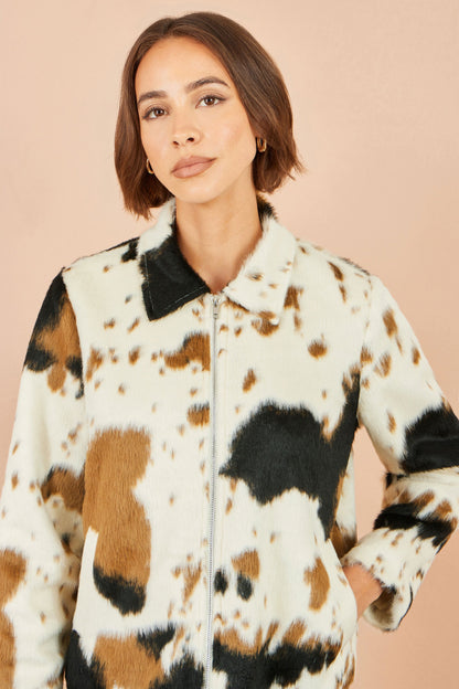 Yumi Women's Brown Cow Print Faux Fur Zip-Up Jacket with Classic Collar