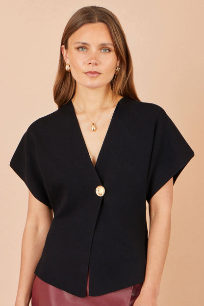 Yumi Black Viscose-Blend Kimono Cardigan with Gold-Tone Buttons