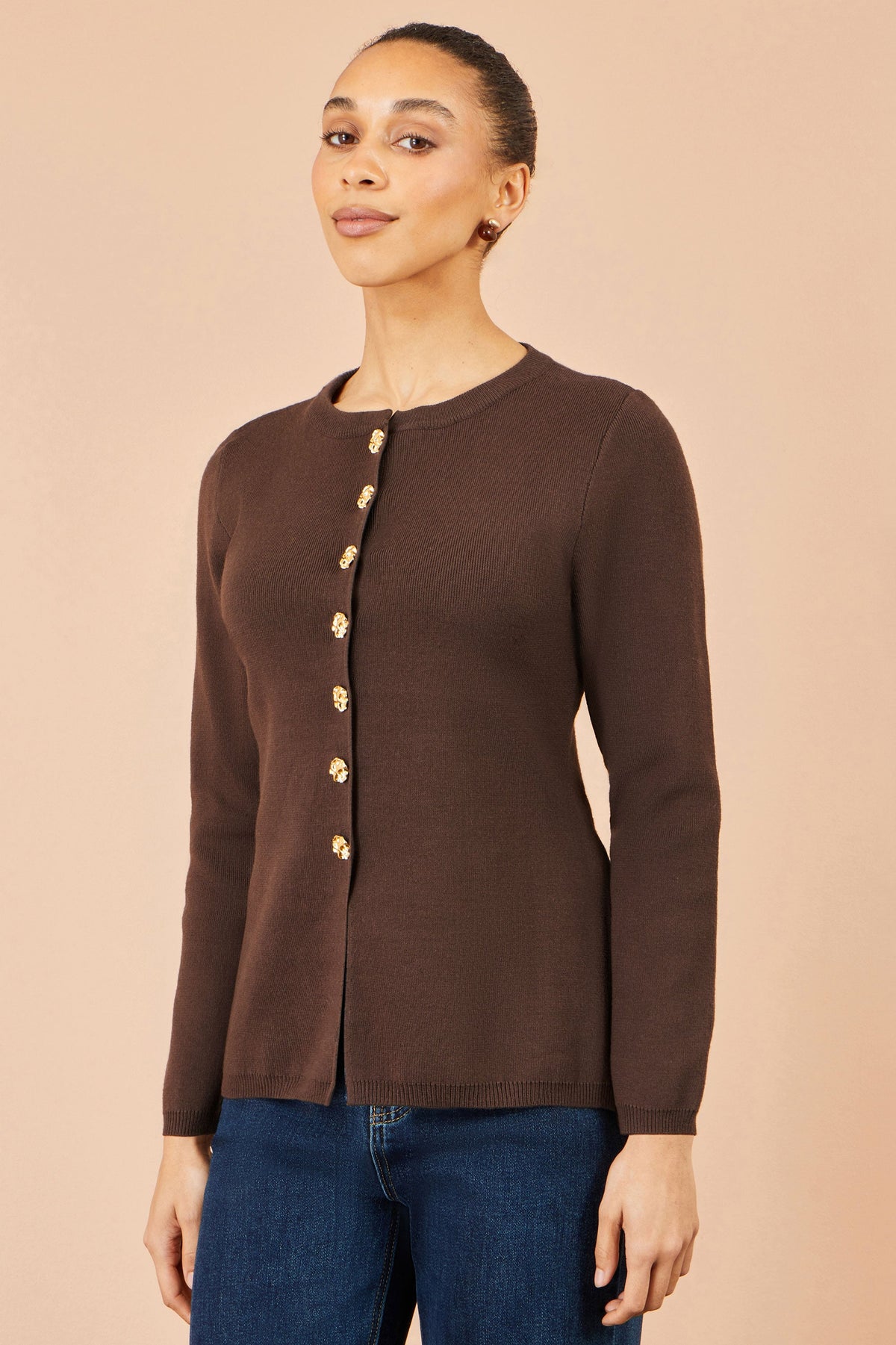 Yumi Women's Brown Gold Button Fitted Knit Cardigan