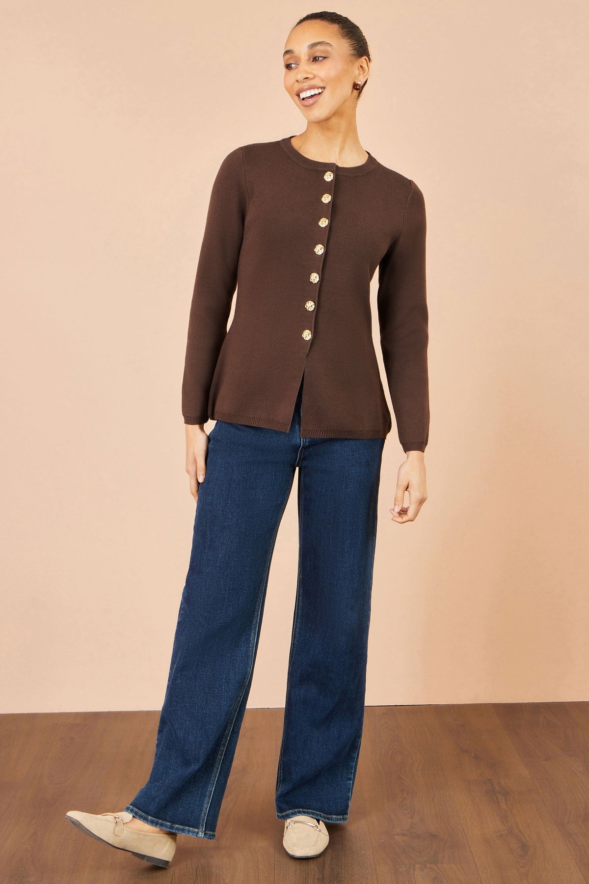 Yumi Women's Brown Gold Button Fitted Knit Cardigan