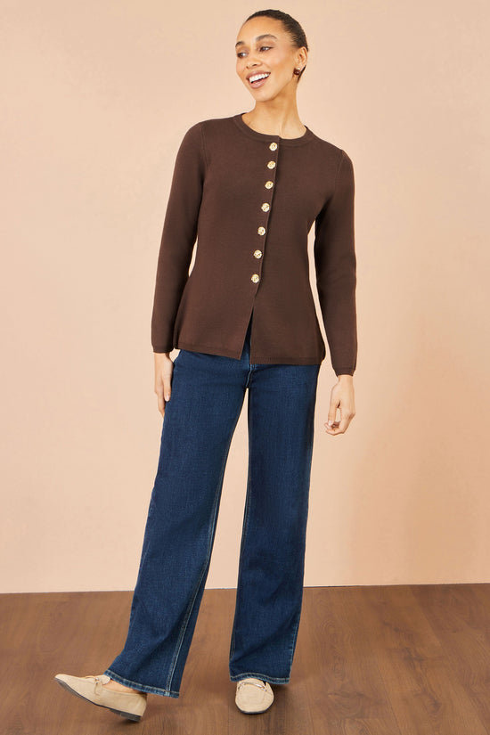 Yumi Women's Brown Gold Button Fitted Knit Cardigan