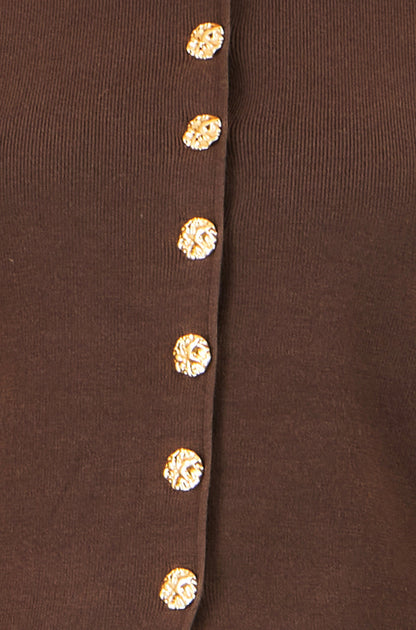 Yumi Women's Brown Gold Button Fitted Knit Cardigan