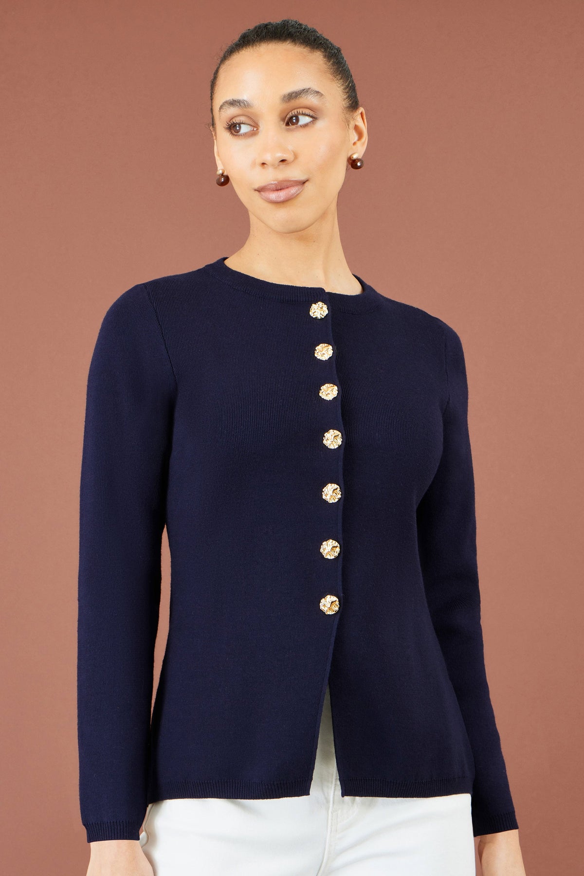 Yumi Women's Navy Knitted Fitted Peplum Cardigan with Statement Buttons