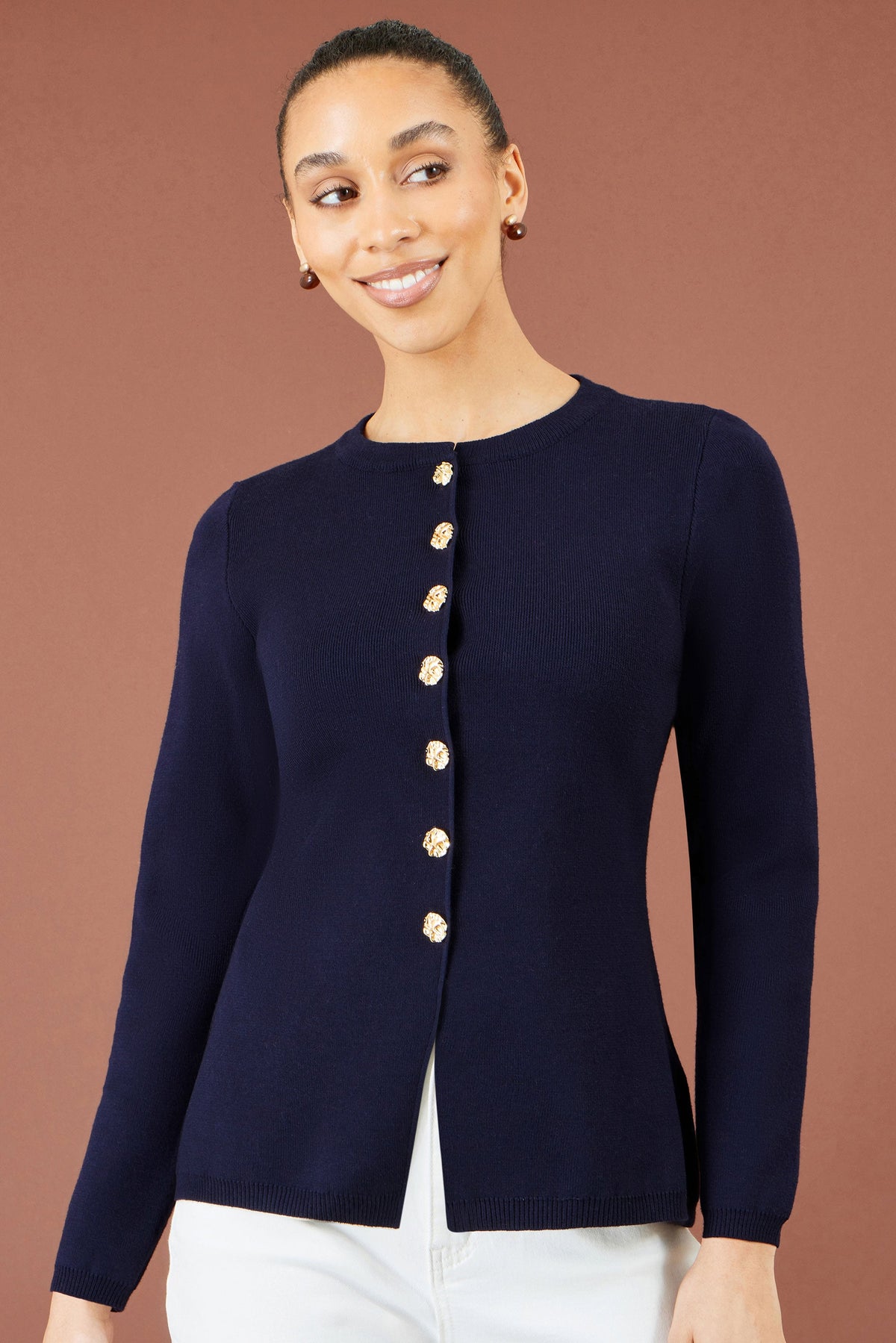 Yumi Women's Navy Knitted Fitted Peplum Cardigan with Statement Buttons