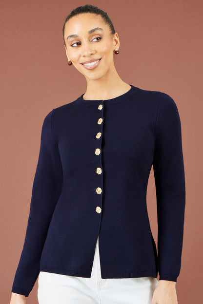 Yumi Women's Navy Knitted Fitted Peplum Cardigan with Statement Buttons