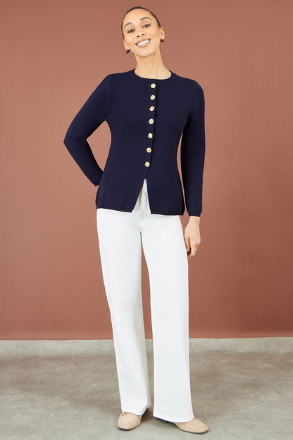 Yumi Women's Navy Knitted Fitted Peplum Cardigan with Statement Buttons