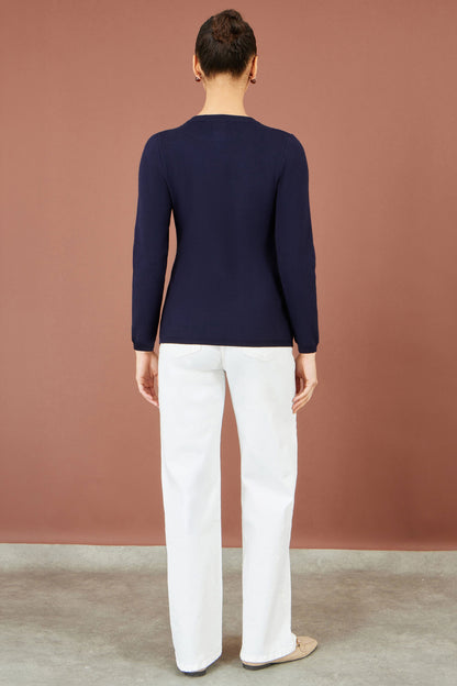 Yumi Women's Navy Knitted Fitted Peplum Cardigan with Statement Buttons