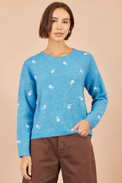 Yumi Women's Blue Daisy Embroidered Relaxed Knit Jumper Sizes XS–XL