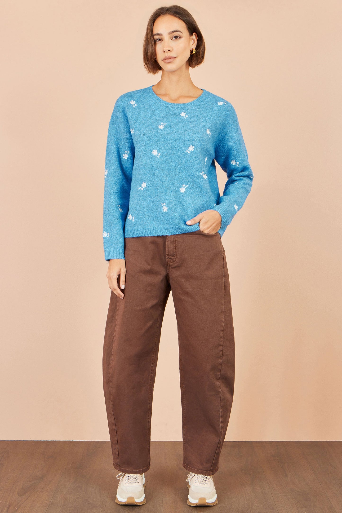 Yumi Women's Blue Daisy Embroidered Relaxed Knit Jumper Sizes XS–XL