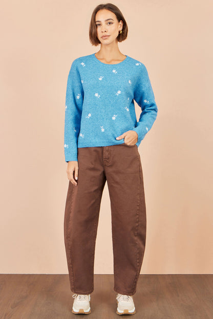 Yumi Women's Blue Daisy Embroidered Relaxed Knit Jumper Sizes XS–XL