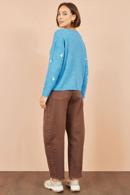 Yumi Women's Blue Daisy Embroidered Relaxed Knit Jumper Sizes XS–XL